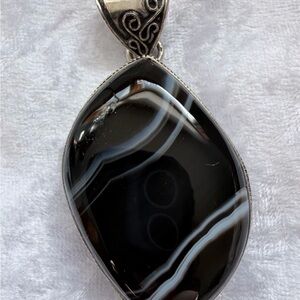 Natural Banded Black Oynx Stone Pendant in .925.Sterling Silver